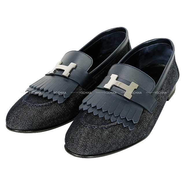 [Pre-loved] HERMES loafers Fringe Moccasins  Loyal #38.5 Navy Denim/Calf Silver HW[LIKE NEW][Authentic]