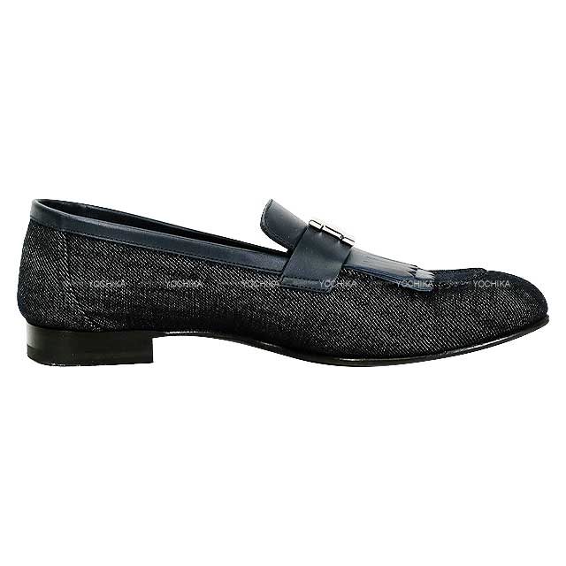 [Pre-loved] HERMES loafers Fringe Moccasins  Loyal #38.5 Navy Denim/Calf Silver HW[LIKE NEW][Authentic]