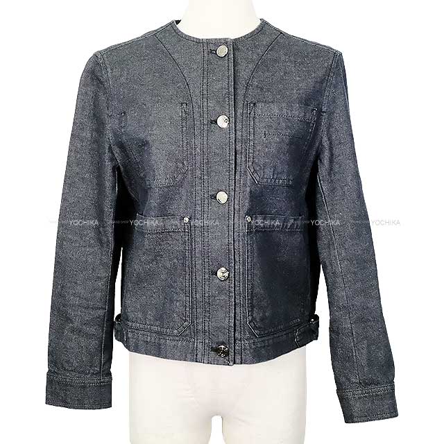 2022SS HERMES Plainly colored jacket Denim Sellier Button Noir (Black) Cotton/Polyurethane 38 Silver HW[EXCELLENT][Authentic]