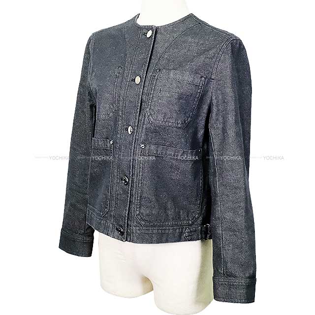 2022SS HERMES Plainly colored jacket Denim Sellier Button Noir (Black) Cotton/Polyurethane 38 Silver HW[EXCELLENT][Authentic]