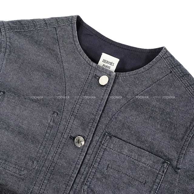 2022SS HERMES Plainly colored jacket Denim Sellier Button Noir (Black) Cotton/Polyurethane 38 Silver HW[EXCELLENT][Authentic]