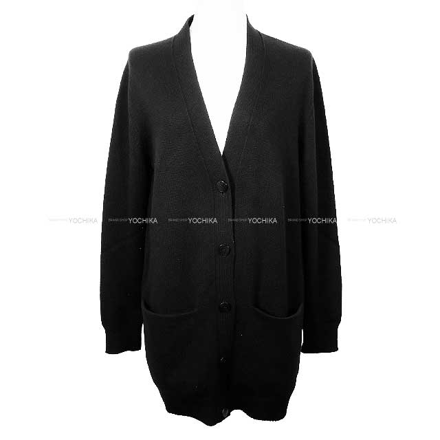 HERMES Cardigan Long Knit Sweater Sellier Button Noir (Black) Cashmere 36[EXCELLENT][Authentic]