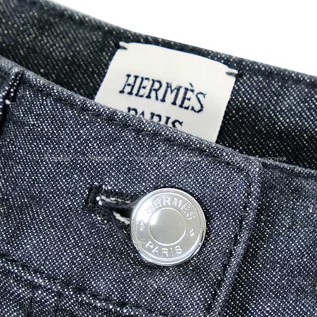 2022SS HERMES cropped pants Denim Sellier Button Center Pleated Noir (Black) Cotton/Polyurethane 36[EXCELLENT][Authentic]