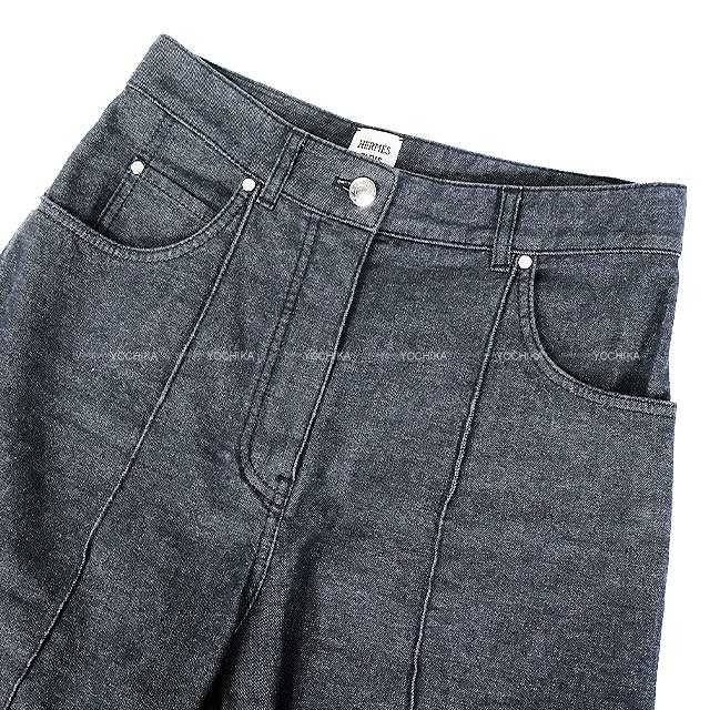 2022SS HERMES cropped pants Denim Sellier Button Center Pleated Noir (Black) Cotton/Polyurethane 36[EXCELLENT][Authentic]