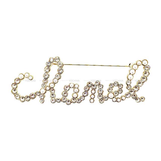 CHANEL broach writing style pearl rhinestone logo Champagne Gold HW AB2806[EXCELLENT][Authentic]