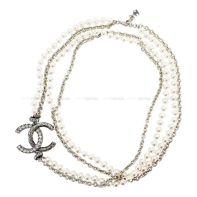 2023 Metiers d'art CHANEL necklace Rhinestone Coco Mark Pearl Chain Long Costume Pearl/Strauss Silver HW ABD784[EXCELLENT][Authentic]