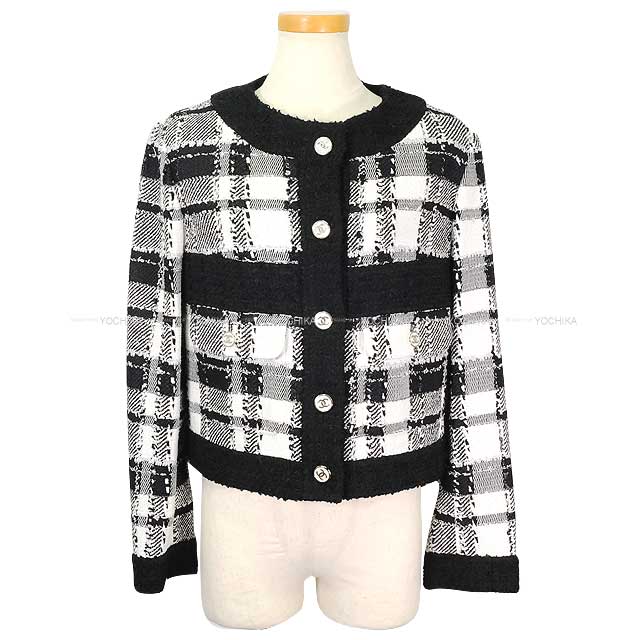 2023 SS CHANEL Plainly colored jacket Ladies Tweed Coco button Glen check pattern Blanc (White)/Noir (Black) Tweed 34 P74407[EXCELLENT][Authentic]