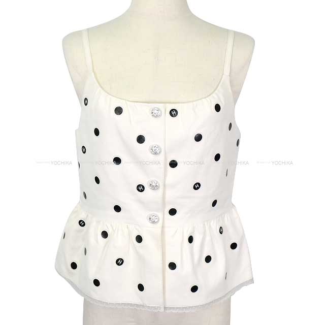 2023SS CHANEL Camisole Bustier Peplum Dot Bicolor Coco Mark Blanc (White)/Noir (Black) Lambskin 34 P74921[EXCELLENT][Authentic]