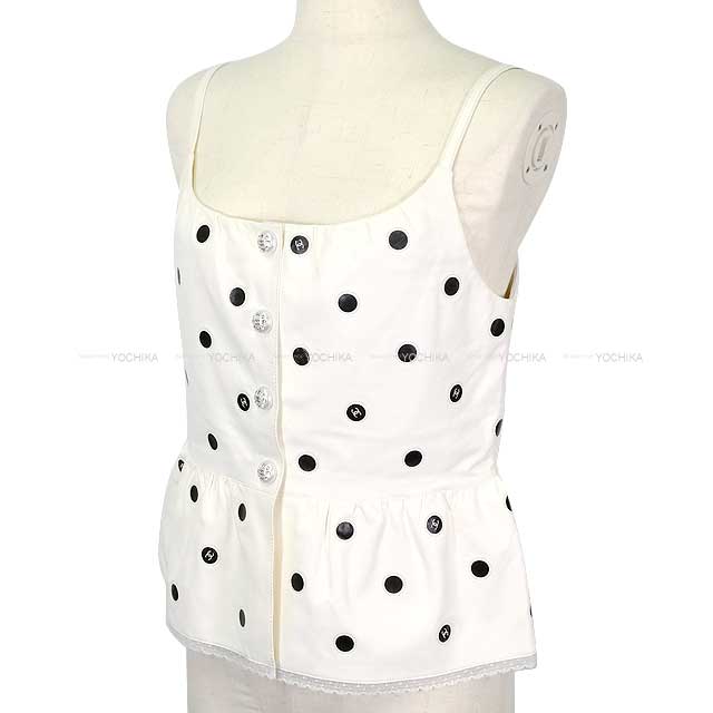 2023SS CHANEL Camisole Bustier Peplum Dot Bicolor Coco Mark Blanc (White)/Noir (Black) Lambskin 34 P74921[EXCELLENT][Authentic]