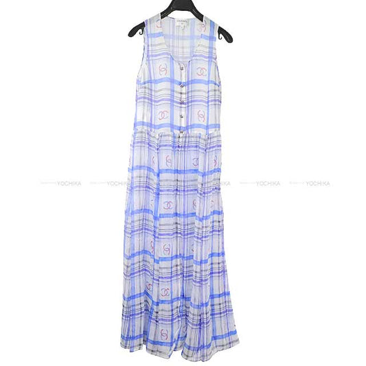 2023 Pre CHANEL One‐piece dress Ladies Dress Gripoix Coco Mark Sleeveless Chiffon Front Slit Window Plaid Blanc (White)/Blue Silk 34 P74457[EXCELLENT][Authentic]