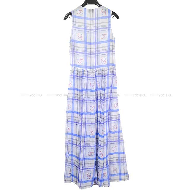 2023 Pre CHANEL One‐piece dress Ladies Dress Gripoix Coco Mark Sleeveless Chiffon Front Slit Window Plaid Blanc (White)/Blue Silk 34 P74457[EXCELLENT][Authentic]