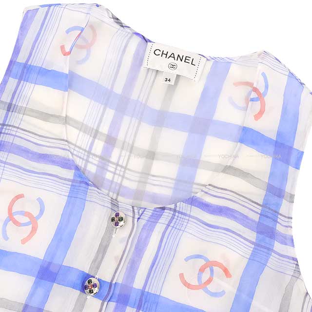 2023 Pre CHANEL One‐piece dress Ladies Dress Gripoix Coco Mark Sleeveless Chiffon Front Slit Window Plaid Blanc (White)/Blue Silk 34 P74457[EXCELLENT][Authentic]