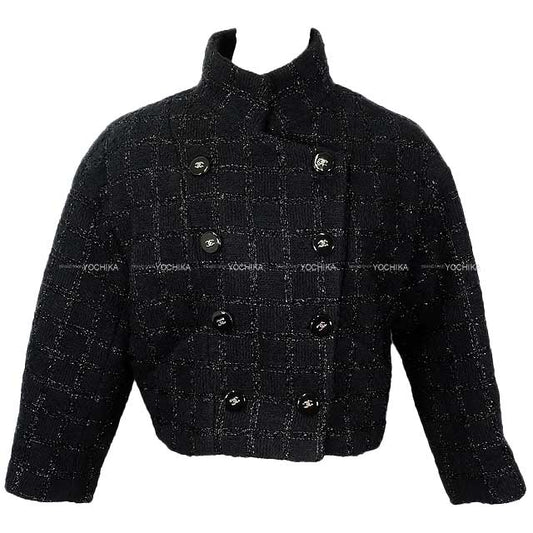 2024AW CHANEL Women's Tweed Jacket three-quarter length coco button window check Noir (Black) 35% Wool / 33% Cotton / 23% Polyester / 8% Polyamide #34 P78203[BRAND NEW][Authentic]