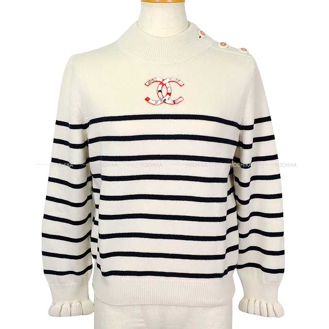 2022AW CHANEL Sweater Women's Knit Sequined Coco Mark Striped Sleeve Ruffle Shoulder Button White/Navy Blue/Rouge Cashmere 36 P74227[EXCELLENT][Authentic]