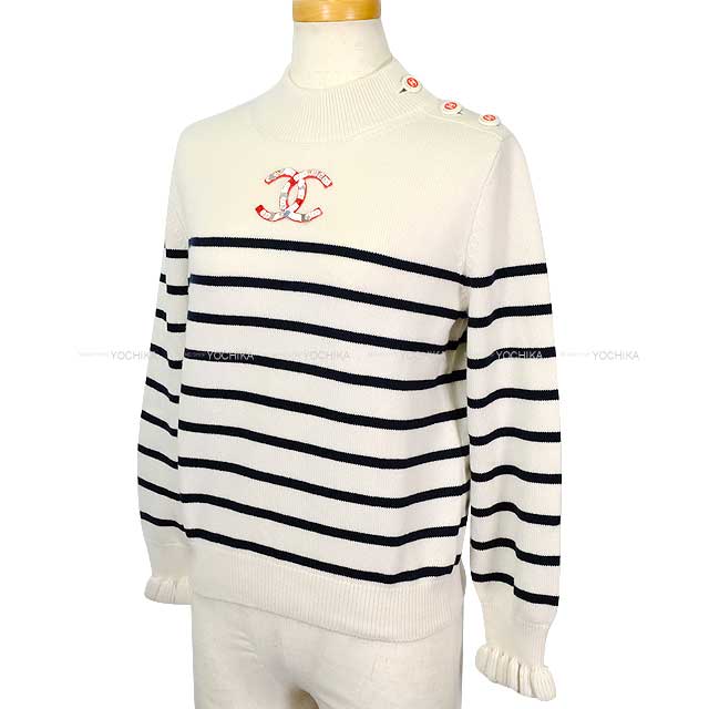 2022AW CHANEL Sweater Women's Knit Sequined Coco Mark Striped Sleeve Ruffle Shoulder Button White/Navy Blue/Rouge Cashmere 36 P74227[EXCELLENT][Authentic]