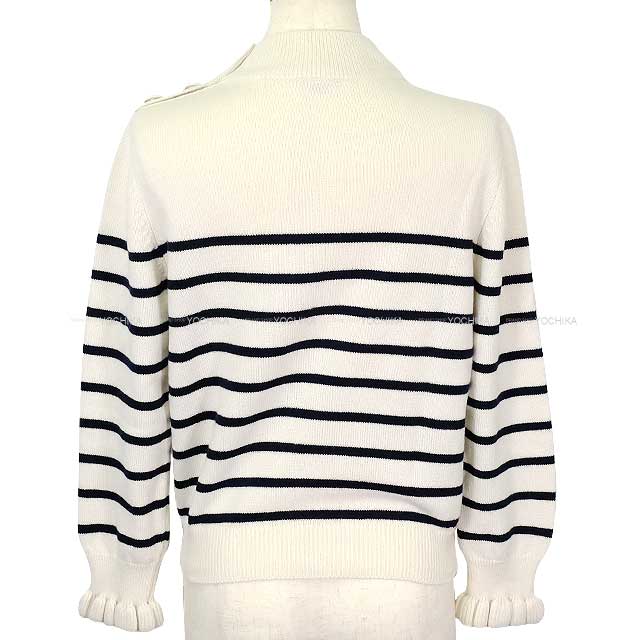 2022AW CHANEL Sweater Women's Knit Sequined Coco Mark Striped Sleeve Ruffle Shoulder Button White/Navy Blue/Rouge Cashmere 36 P74227[EXCELLENT][Authentic]