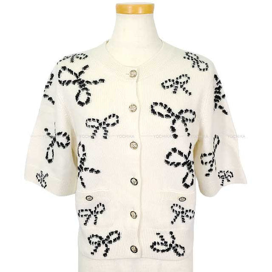 2024SS CHANEL Cardigan Women's Short Sleeve Rhinestone Coco Button Ribbon Blanc (White) Cashmere/Polyurethane/Nyron 36 P76947K[BRAND NEW][Authentic]