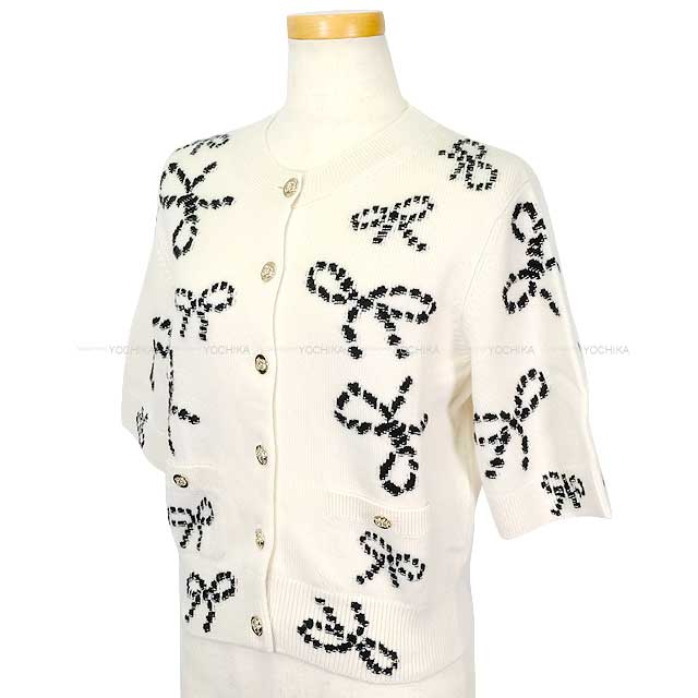 2024SS CHANEL Cardigan Women's Short Sleeve Rhinestone Coco Button Ribbon Blanc (White) Cashmere/Polyurethane/Nyron 36 P76947K[BRAND NEW][Authentic]