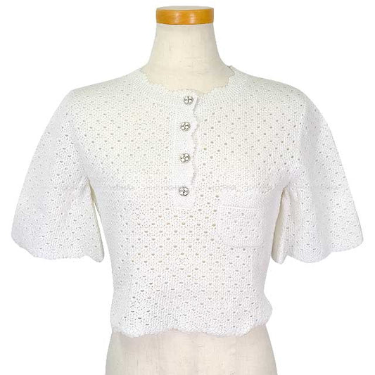 2024 CHANEL Tops Women's Knit Short Sleeve Camellia Button Blanc (White) Cotton/Polyester #34 P76852K[BRAND NEW][Authentic]