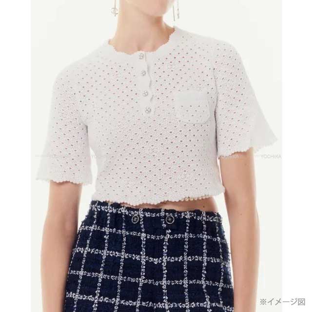 2024 CHANEL Tops Women's Knit Short Sleeve Camellia Button Blanc (White) Cotton/Polyester 34 P76852K[BRAND NEW][Authentic]