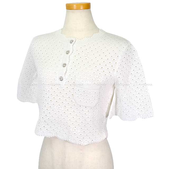2024 CHANEL Tops Women's Knit Short Sleeve Camellia Button Blanc (White) Cotton/Polyester #34 P76852K[BRAND NEW][Authentic]