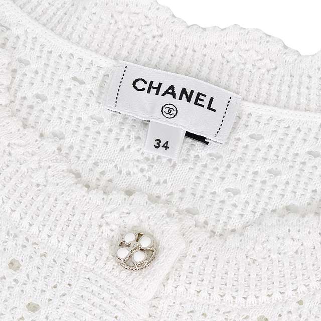 2024 CHANEL Tops Women's Knit Short Sleeve Camellia Button Blanc (White) Cotton/Polyester 34 P76852K[BRAND NEW][Authentic]