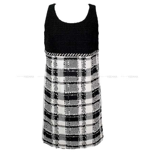 2023SS CHANEL One‐piece dress Ladies One‐piece dress Checked pattern Switching Noir (Black)/Blanc (White) Tweed 34 P74449[EXCELLENT][Authentic]