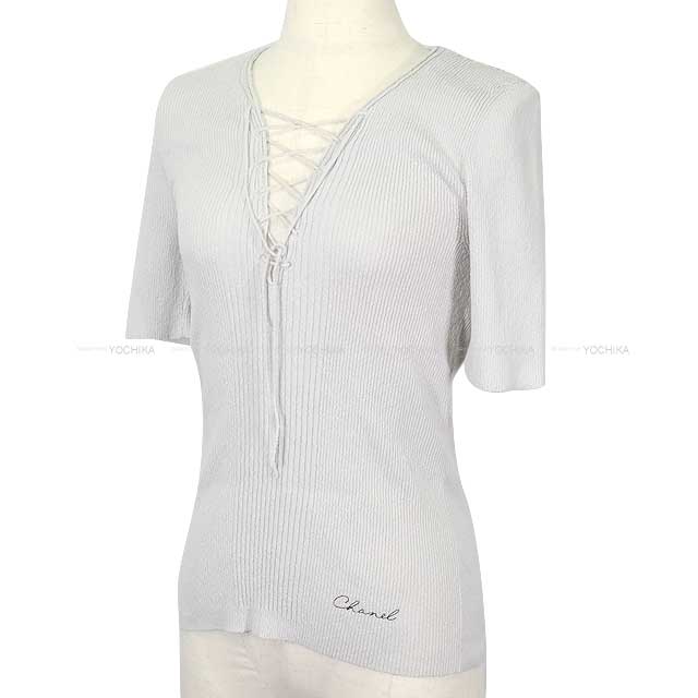 2025 Cruise CHANEL Knit Women's Logo Short Sleeve Lace-Up Grey Cotton /Polyamide/Polyurethane #34 P78643K[BRAND NEW][Authentic]
