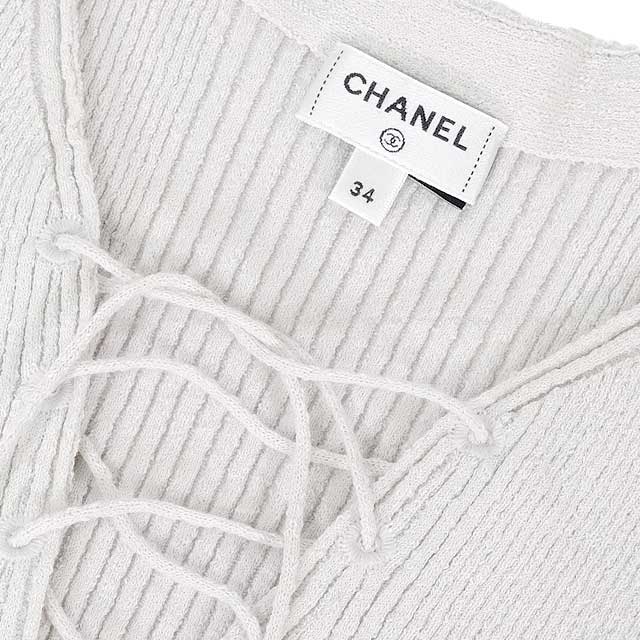 2025 Cruise CHANEL Knit Women's Logo Short Sleeve Lace-Up Grey Cotton /Polyamide/Polyurethane 34 P78643K[BRAND NEW][Authentic]