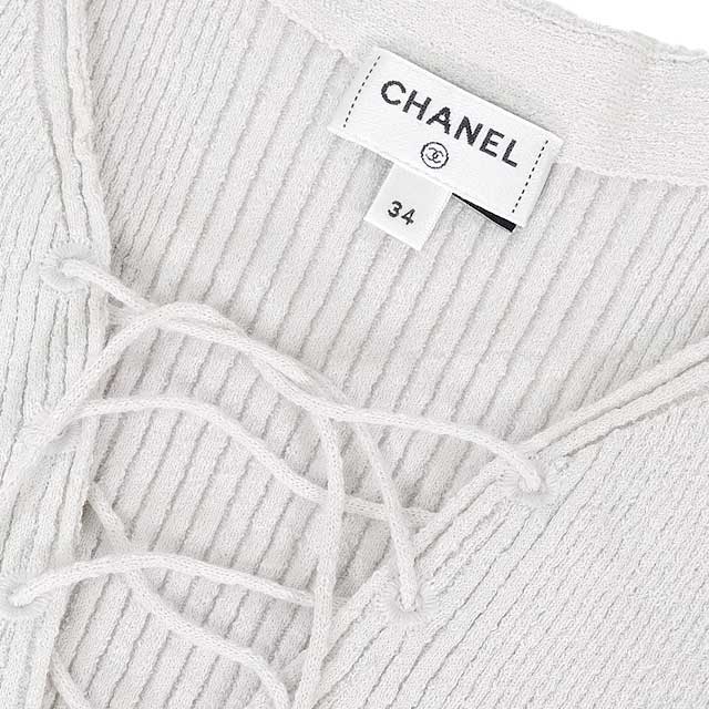 2025 Cruise CHANEL Knit Women's Logo Short Sleeve Lace-Up Grey Cotton /Polyamide/Polyurethane #34 P78643K[BRAND NEW][Authentic]