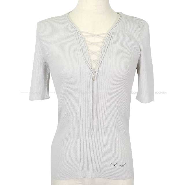 2025 Cruise CHANEL Knit Women's Logo Short Sleeve Lace-Up Grey Cotton /Polyamide/Polyurethane #34 P78643K[BRAND NEW][Authentic]