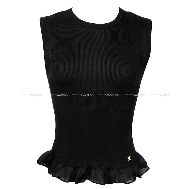 2023SS CHANEL Ladies Sleeveless Coco Mark Frill Hem Noir (Black) Silk 34 P74997K[BRAND NEW][Authentic]