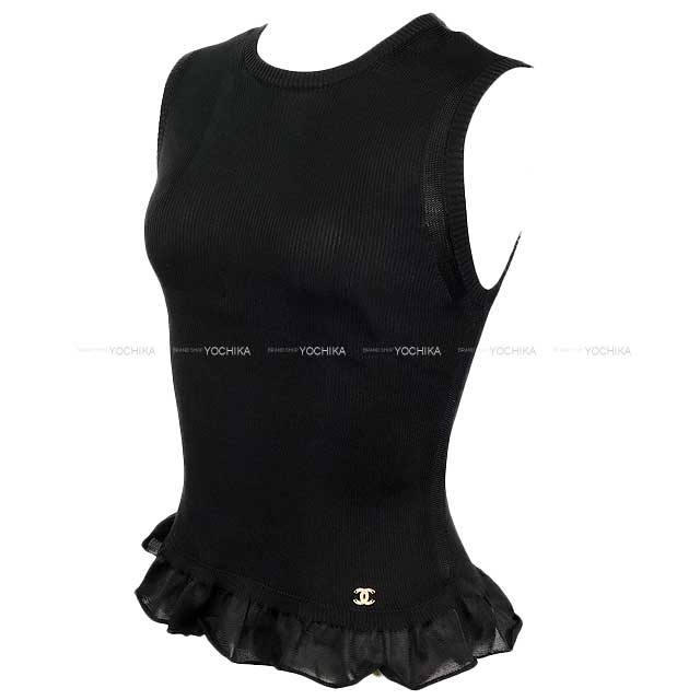 2023SS CHANEL Ladies Sleeveless Coco Mark Frill Hem Noir (Black) Silk #34 P74997K[BRAND NEW][Authentic]