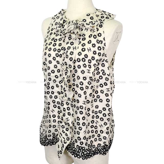 CHANEL Tunic Women's Sleeveless Ruffle Frill Flower Coco Mark Blanc (White)/Noir (Black) Silk #38 P72306[BRAND NEW][Authentic]