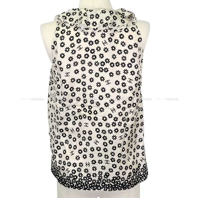 CHANEL Tunic Women's Sleeveless Ruffle Frill Flower Coco Mark Blanc (White)/Noir (Black) Silk 38 P72306[BRAND NEW][Authentic]