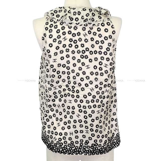 CHANEL Tunic Women's Sleeveless Ruffle Frill Flower Coco Mark Blanc (White)/Noir (Black) Silk #38 P72306[BRAND NEW][Authentic]