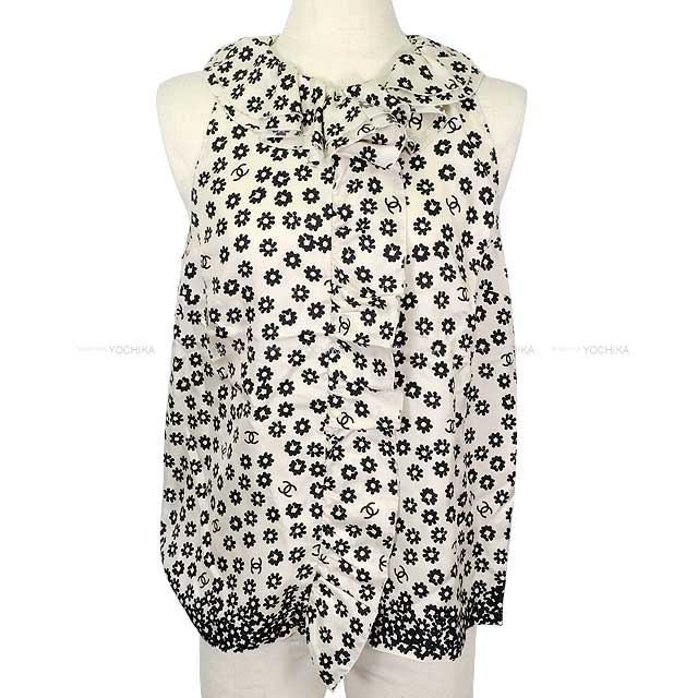 CHANEL Tunic Women's Sleeveless Ruffle Frill Flower Coco Mark Blanc (White)/Noir (Black) Silk #38 P72306[BRAND NEW][Authentic]