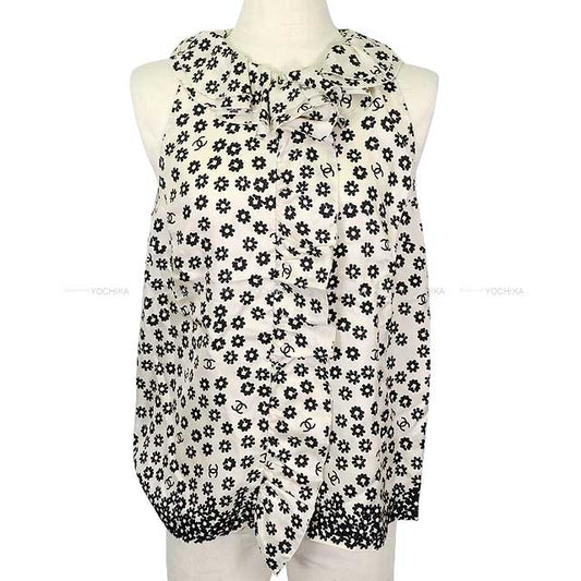 CHANEL Tunic Women's Sleeveless Ruffle Frill Flower Coco Mark Blanc (White)/Noir (Black) Silk #38 P72306[BRAND NEW][Authentic]