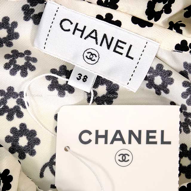 CHANEL Tunic Women's Sleeveless Ruffle Frill Flower Coco Mark Blanc (White)/Noir (Black) Silk 38 P72306[BRAND NEW][Authentic]