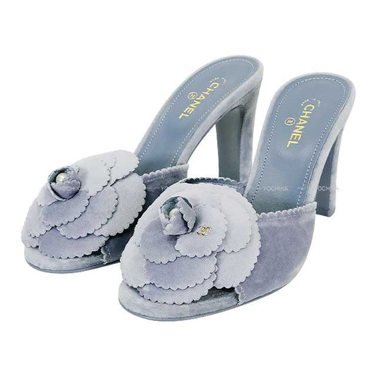 2024 CHANEL Mules Sandals Camellia Coco Mark #37.5 Grey Velvet G45932[BRAND NEW][Authentic]