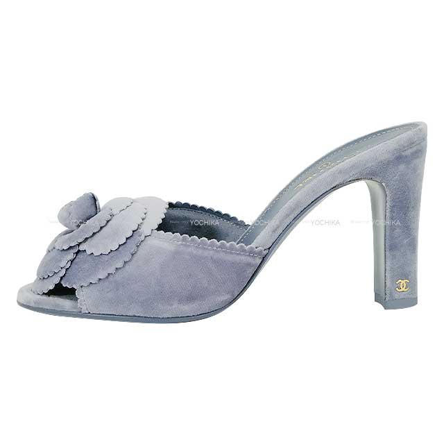 2024 CHANEL Mules Sandals Camellia Coco Mark #37.5 Grey Velvet G45932[BRAND NEW][Authentic]