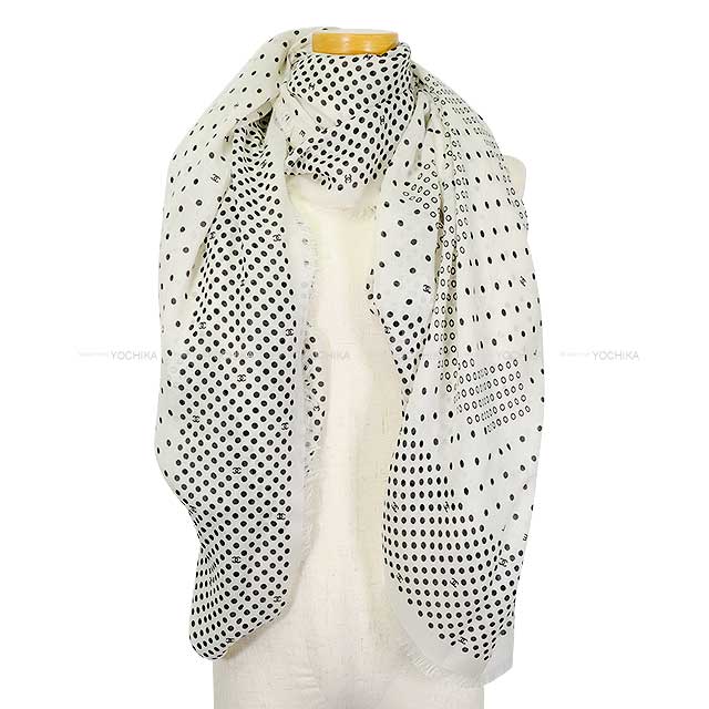 CHANEL Stall Scarf Large Dot Coco Mark Blanc (White) Cashmere/Silk[BRAND NEW][Authentic]