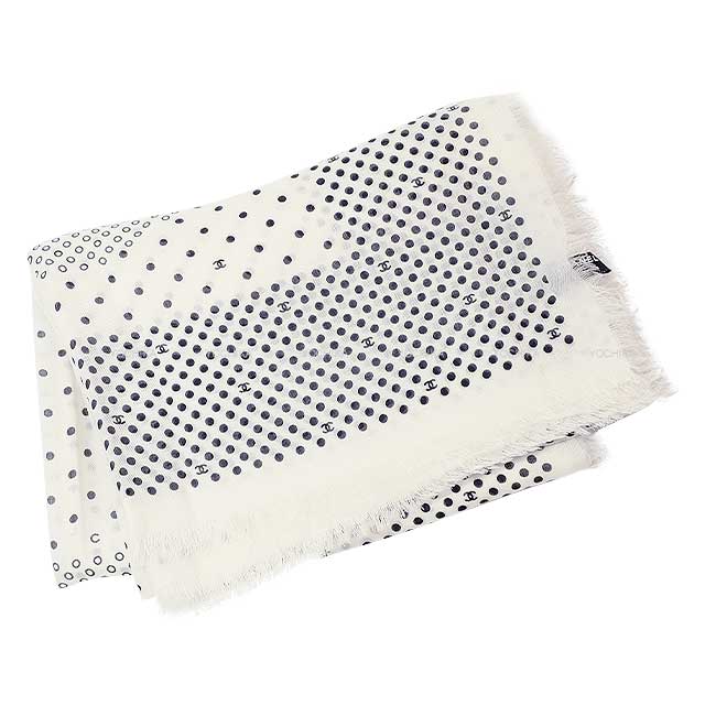 CHANEL Stall Scarf Large Dot Coco Mark Blanc (White) Cashmere/Silk[BRAND NEW][Authentic]