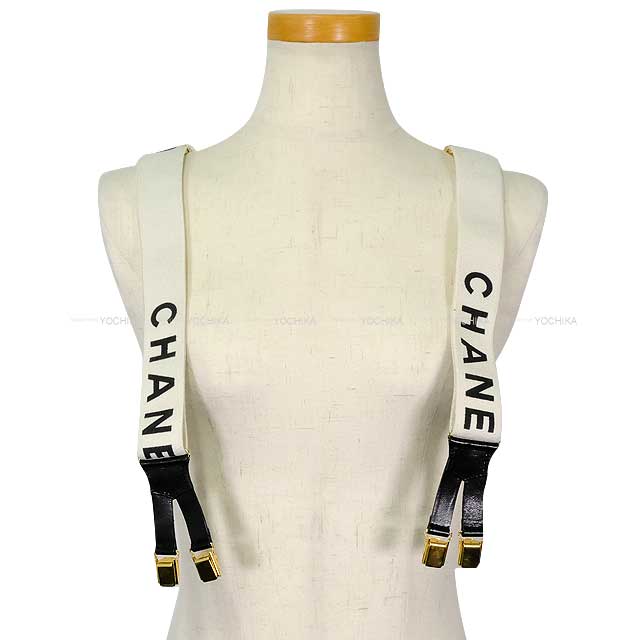 [Pre-loved] CHANEL suspender Vintage Logo Blanc (White)/Noir (Black) Gold HW[USED SA][Authentic]