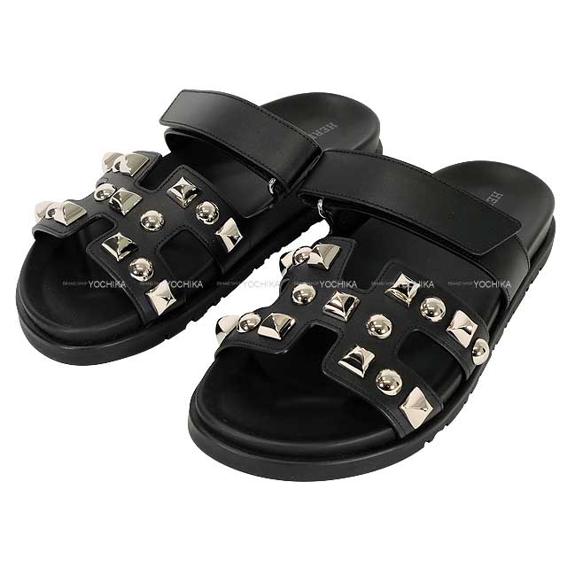 HERMES sandals Chypre Medor studs #37(24cm) Noir (Black) Calf 37 Silver HW H242132Z 02370[BRAND NEW][Authentic]