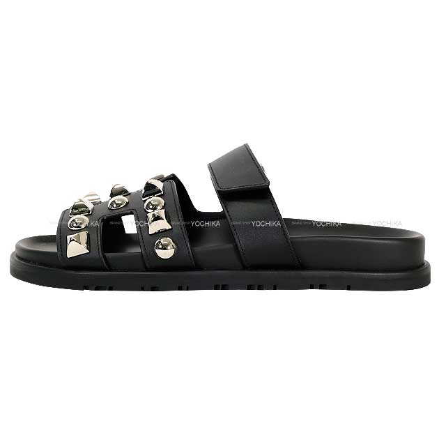 HERMES sandals Chypre Medor studs #37(24cm) Noir (Black) Calf 37 Silver HW H242132Z 02370[BRAND NEW][Authentic]