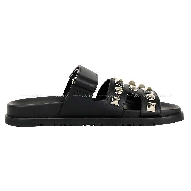 HERMES sandals Chypre Medor studs #37(24cm) Noir (Black) Calf 37 Silver HW H242132Z 02370[BRAND NEW][Authentic]