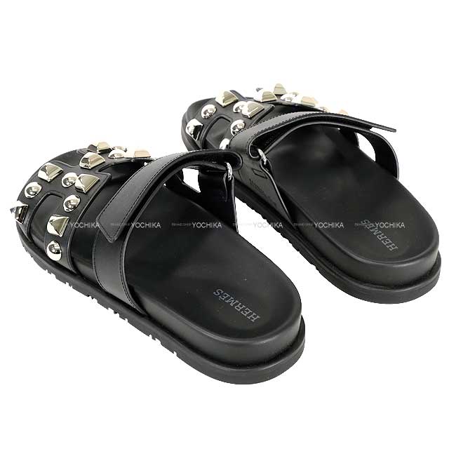 HERMES sandals Chypre Medor studs #37(24cm) Noir (Black) Calf 37 Silver HW H242132Z 02370[BRAND NEW][Authentic]