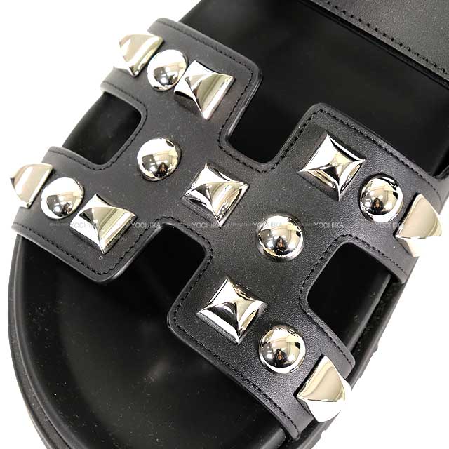 HERMES sandals Chypre Medor studs #37(24cm) Noir (Black) Calf 37 Silver HW H242132Z 02370[BRAND NEW][Authentic]