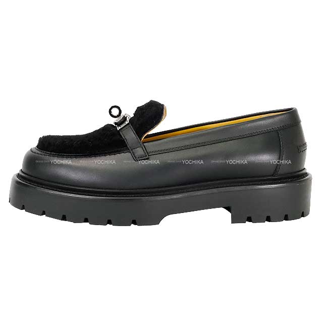 HERMES Moccasins Icon Kellybelt ＃38 Noir (Black) Calf/Shearling  38 Silver HW[BRAND NEW][Authentic]